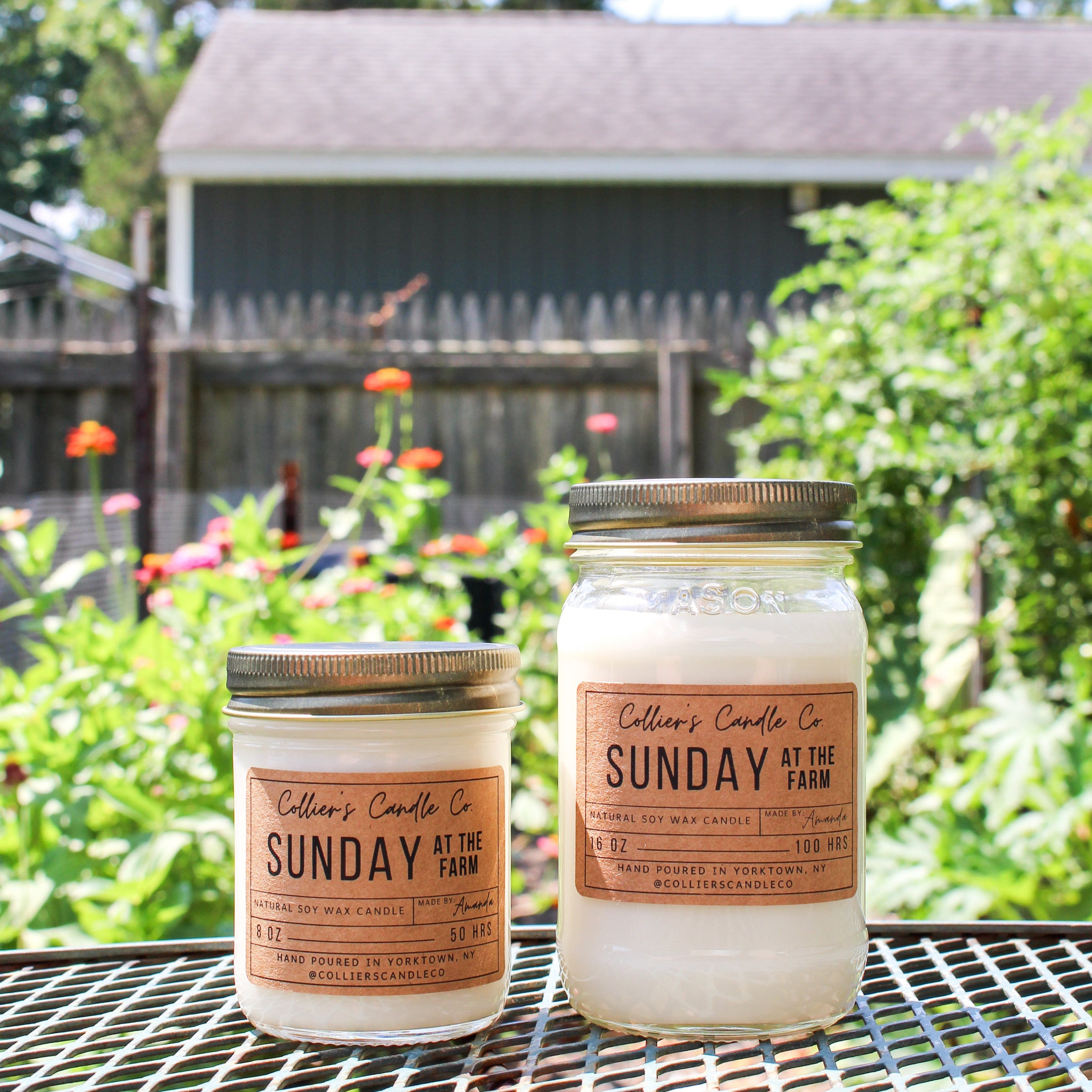 8oz and 16oz Sunday at the Farm candles with a garden background